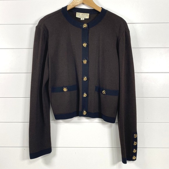 St John Sweater Womens Medium Brown Navy Gold Button Cardigan Santana Knit Luxur